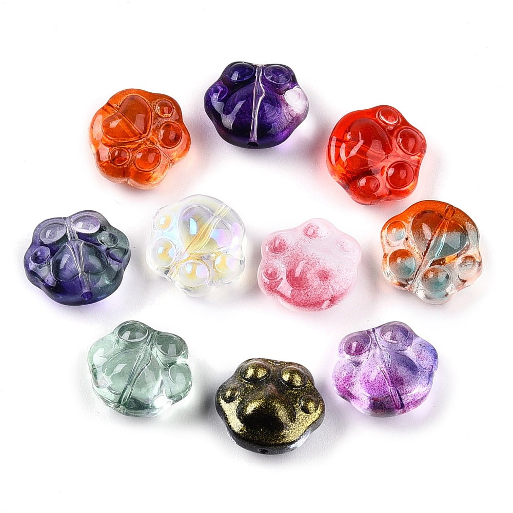 300pcs Transparent Glass Beads Cat Paw Gradient Color Mixed Color 13.5x15x8mm Hole: 1.2mm