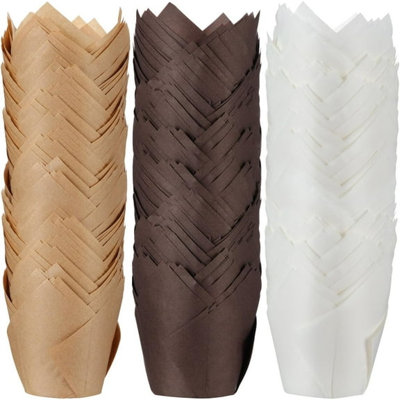300pcs Tulip Cupcake Liners, Premium Muffin Liners Holders for Baking Cups, Greaseproof Cupcake Wrappers in Standard Size, Classic Parchment Paper Cupcakes Liner for Party(Brown, Natural, White)