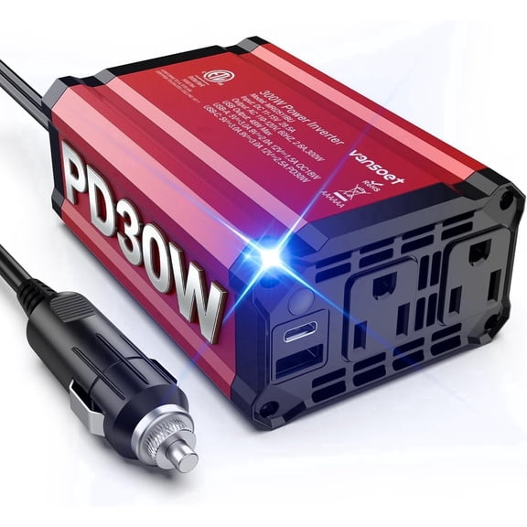 300w Power Inverter DC 12V to AC 110V - vansoet Car Plug Adapter Outlet with 3.4A Dual USB Fast Charging Port - Car Charger Cigarette Lighter Adapter for Phone, Laptop on Road Trip (Red-30)