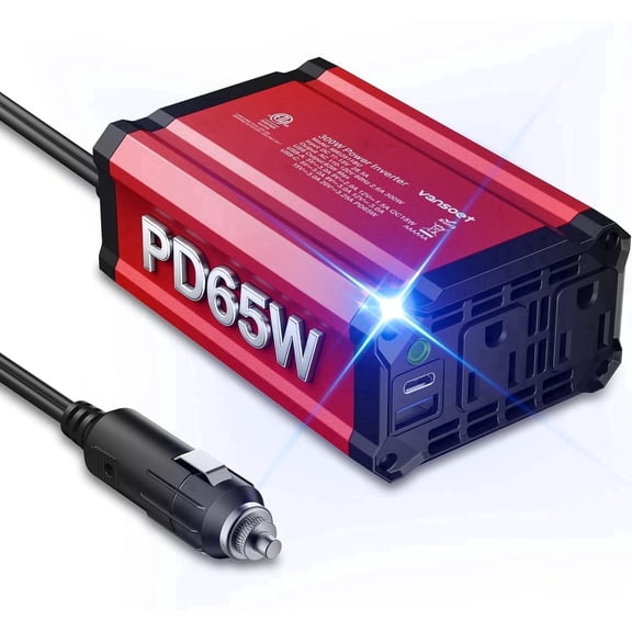 300w Power Inverter DC 12V to AC 110V - vansoet Car Plug Adapter Outlet with 3.4A Dual USB Fast Charging Port - Car Charger Cigarette Lighter Adapter for Phone, Laptop on Road Trip (Red-65)