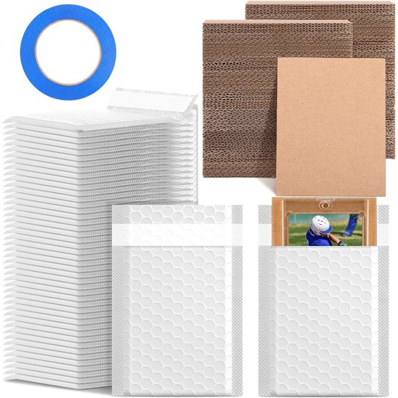 301 Pcs Trading Card Shipping Protector Set Include 200 Corrugated Cardboard Sheets Inserts 100 Poly Bubble Mailers Padded Envelopes and Masking Tape(White)