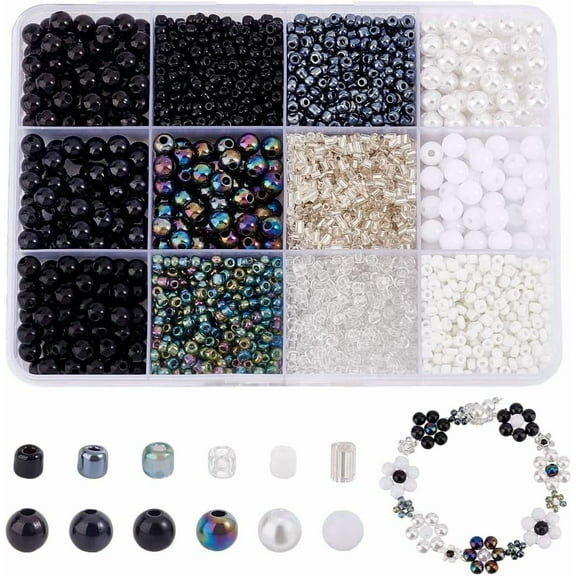3012pcs Black White Beads Kit for Jewelry Making 6mm Glass Pearl Beads Round Beads 3mm Seed Bead Craft Bead for Bracelet Necklace Beaded Pens Crafts