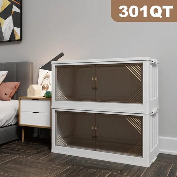 301QT 2-Pack Transparent Plastic Storage Cabinet, Folding Storage Box, Stackable Bin with Open Front Door