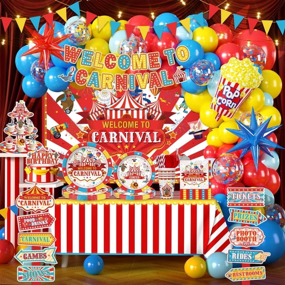302 PCS Circus Theme Party Decorations, All-in-One Carnival Theme Party Decorations Set with 25pcs Plates, Napkins, Tablecloths, Banner, Balloon Arch Circus Party Decorations for Girl & Boy