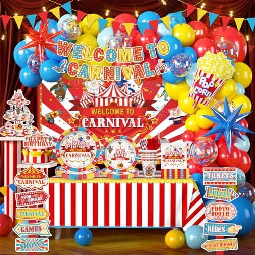 302 PCS Circus Theme Party Decorations, All-in-One Carnival Theme Party Decorations Set with 25pcs Plates, Napkins, Tablecloths, Banner, Balloon Arch Circus Party Decorations for Girl & Boy