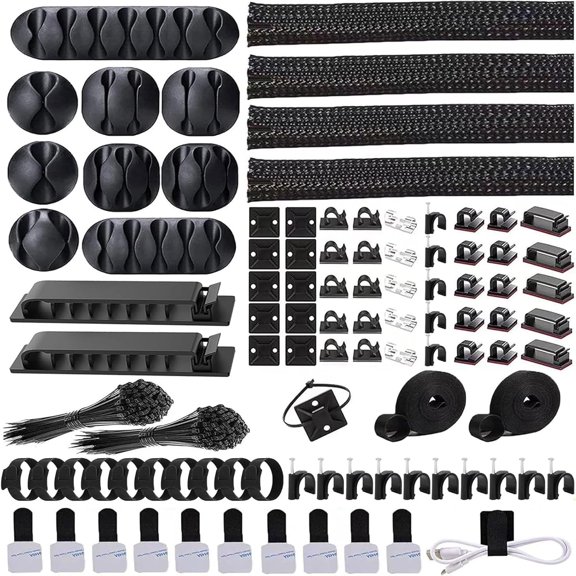 302PCS Cable Management Kit 4 Cable Sleeve,45Cable Clips,11Cable Holders,22 Roll Cable Organizer Straps and 200 Fastening Cable Ties,20 Cable Zip Tie Mounts Computer Under Desk (Black)
