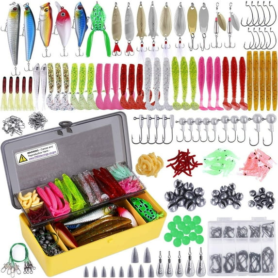 302Pcs Fishing Accessories, Small Tackle Box with Crankbaits, Spinnerbaits, Plastic Worms, etc