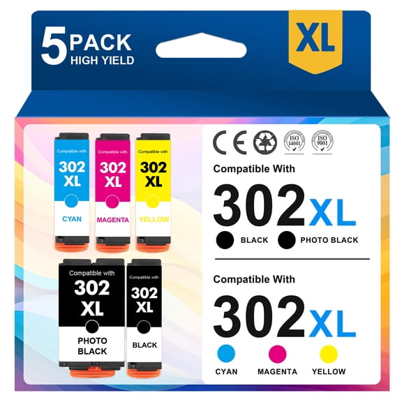 302XL 302 Ink Cartridges Compatible for Epson Ink 302 Expression XP-6000 XP-6100 Printer Ink Pack of 5