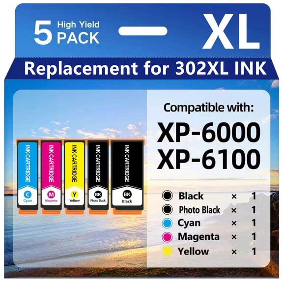 Ink Cartridge Compatible for Epson 302XL for Expression Premium XP-6000 XP-6100 XP6000 XP6100 Printer (Black Photo Black Cyan Magenta Yellow, 5-Pack)