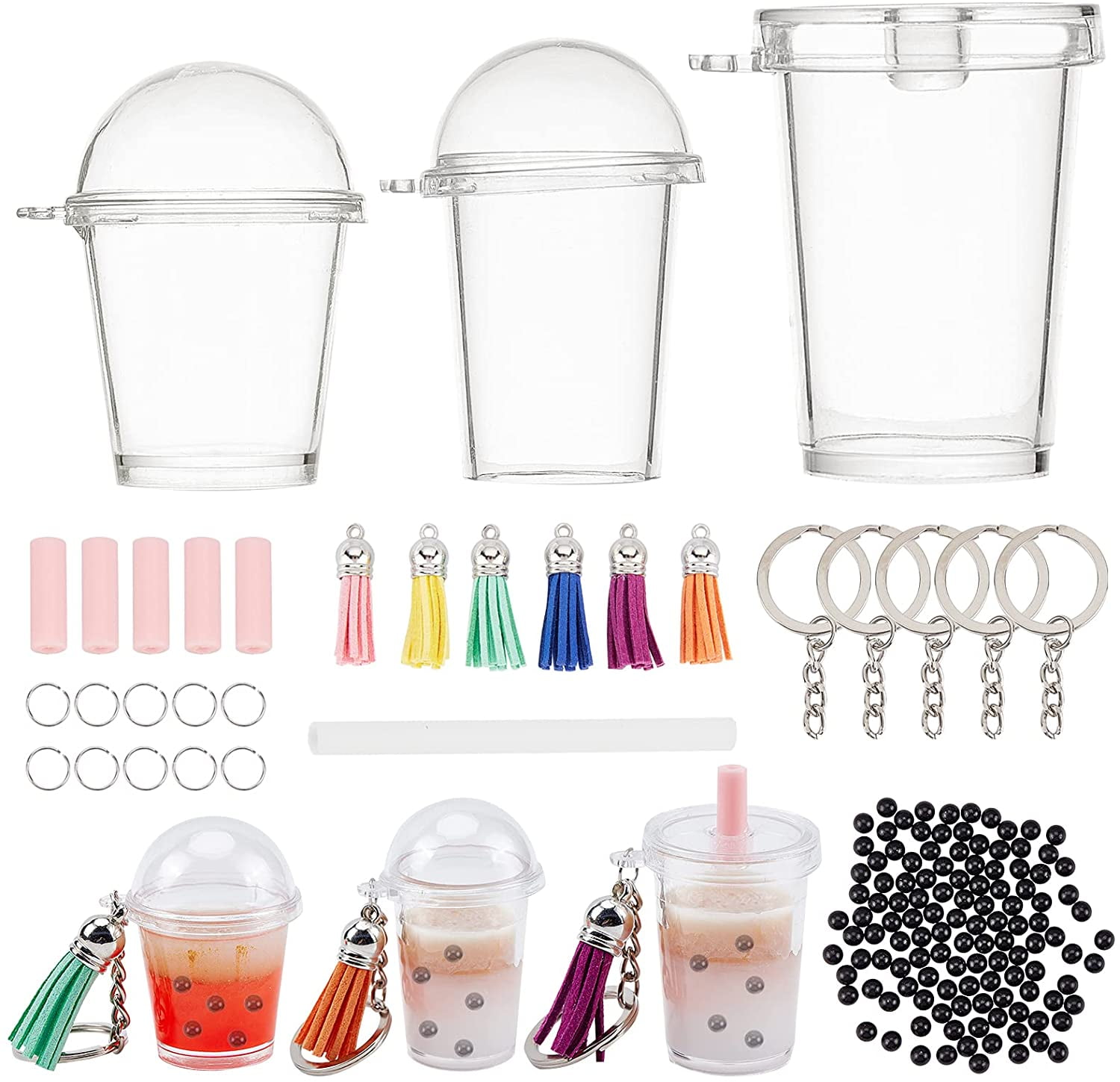 OLYCRAFT 204pcs Mini Cup Keychain Kit Bubble Tea Keychain Accessories Set  NO-Glue Bubble Tea Keychain Kit Mini Cup Pendants with Keychain Rings  Tassels Bubbles Straws for Key Chain DIY Earring Making Milky