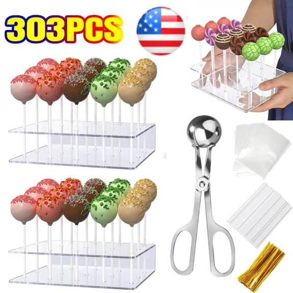 303 Pcs Cake Pop Kit - Includes 1 Cake Pop Mold, 2 Piece Cake Pop Stand, 100 Piece Cake Pop Bags, 100 Piece Cake Pop Lollipop Sticks and 100 Piece Metal Twist Ties