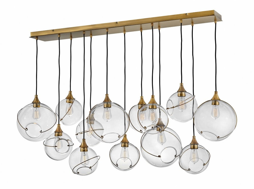 Heritage Brass 13-Light Asymmetrical Linear Pendant with Clear Glass Globes