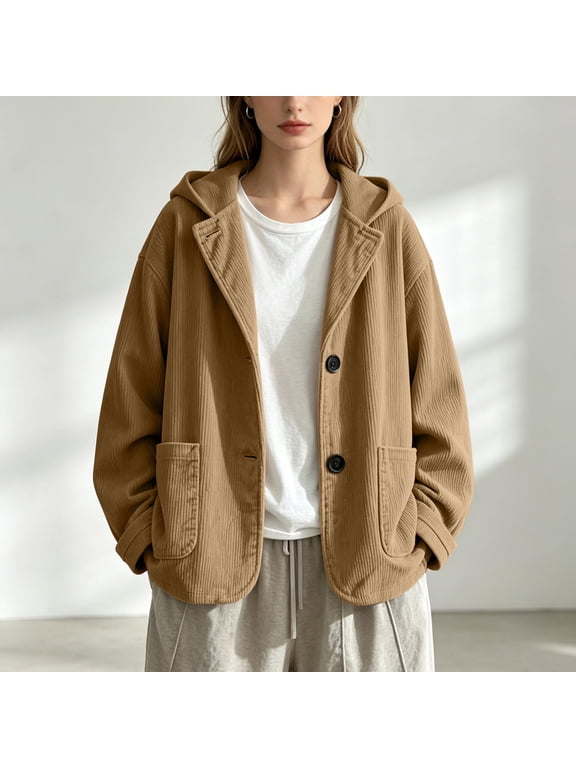 Women's Hooded Corduroy Jacket Soft Lightweight Loose Fit for Fall Winter Casual