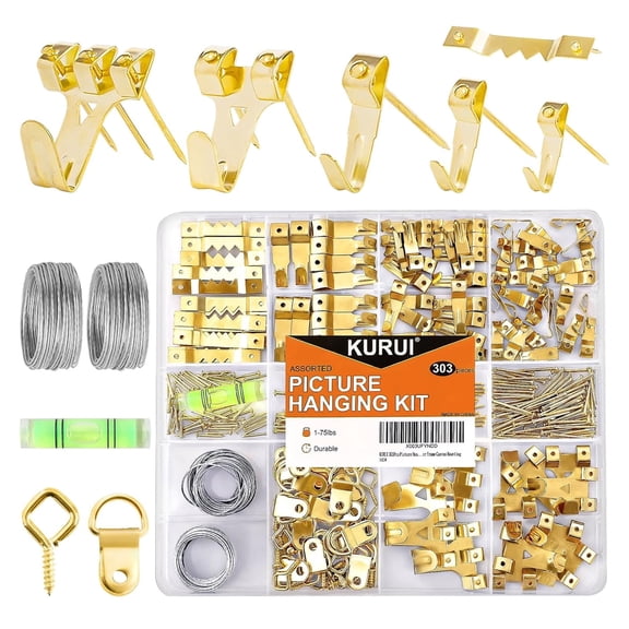 303Pcs Picture Hanging Kit, Picture Hangers Assorted Kit with Heavy Duty Picture Hanging Hooks/Hardware Nails/Sawtooth/Wire/D Rings/Level, Metal Picture Wall Hooks for Frame Canvas Mounting