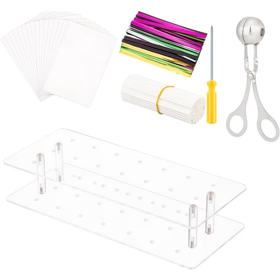 303pcs Candy Pop Maker Kit Including Acrylic Cake Pop Stand Meat Baller Clear Cake Pop Treat Bag Lollipop Sticks and Metallic Twist Ties Cake Pops Making Tools for DIY