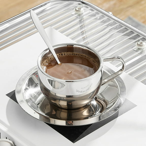 304 European Style Stainless Steel Coffee Cup Set | Double Wall Insulated Mug for Hot & Cold Drinks | Office Reception & Business Gift | Includes Cup, Saucer & Spoon