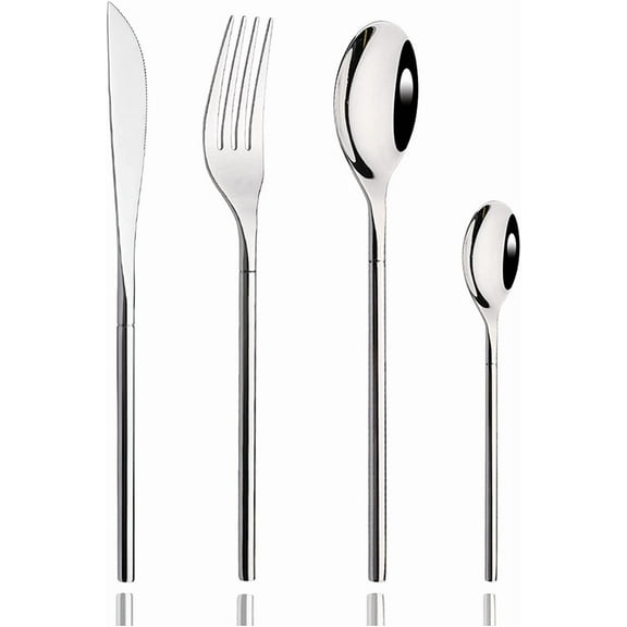304 Flatware Set Silver Silverware Set Mirror Polished 18/8 Stainless Steel Cutlery Set with Round Handle 24 Piece Wedding Housewarming Gift Service for 6