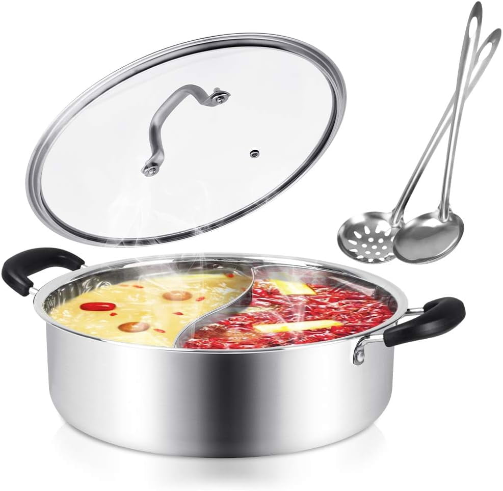 304 Food Grade Stainless Steel Shabu Shabu Hot pot with Divider&Lid for Induction Cooktop Gas Stove Dual Sided Soup Cookware (stainlees steel, 11 inch)