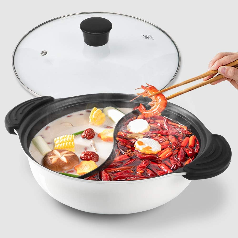 304 Food Grade Stainless Steel Shabu Shabu Hot pot with Divider&Lid for Induction Cooktop Gas Stove Dual Sided Soup Cookware (stainlees steel, 11 inch)