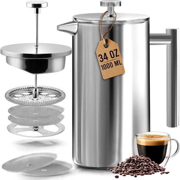 304 Grade Stainless Steel French Press Coffee Maker 34 Oz, ble Wall Insulated Coffee Press with 4-Level Filtration System, Include 2 Extra Filters, Rust-Free, Dishwasher Safe, Silver