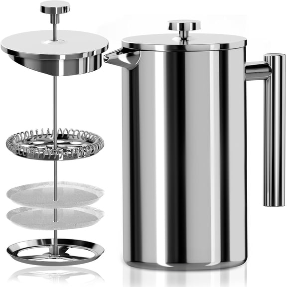 304 Grade Stainless Steel  Press Coffee Maker 17 Oz, Double Wall Insulated Coffee Press with 4-Level Filtration system, Include 2 Extra Filters, Rust-Free, Dishwasher Safe,