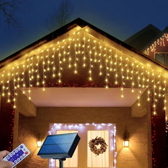304 LED Solar Christmas Icicle Lights Outdoor Decorations, 8 Modes Icicle Fairy Lights for Outside Holiday, Patio, Balcony, Christmas, Window, House Eaves Decorations, Warm White