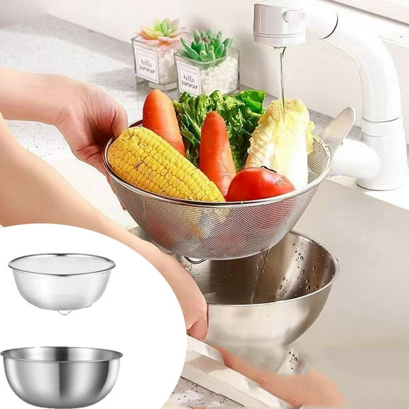 304 Metal Stainless Steel Colander Strainer Mixing Bowl With Microporous 4.5 Qt Large Capacity For Rice Pasta Fruit Vegetable Spaghetti Dishwasher Safe.