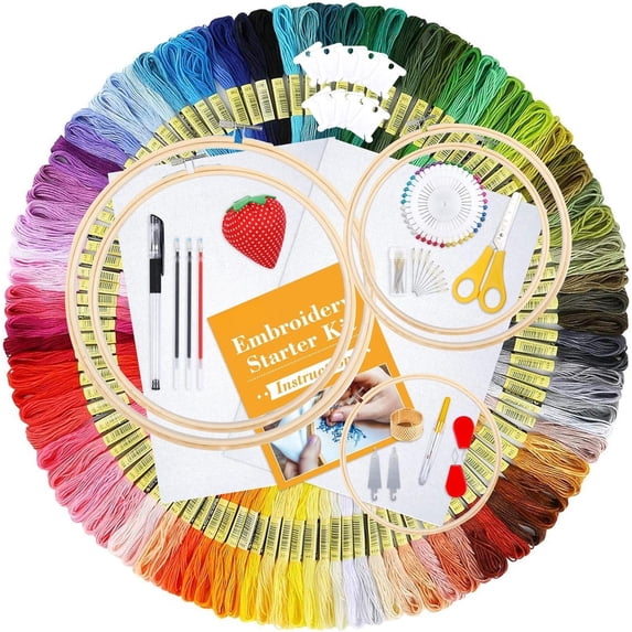 304 Pack Embroidery Kit, 200 Colors Threads, 5 count Embroidery Hoops, 2 count Aida Cloth, Instructions, Bag and Stitch Tools Set, Hand Embroidery Starter Kit for Beginners Adults