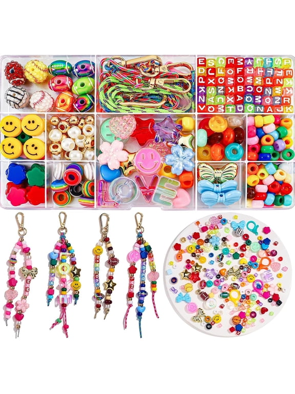 304 Pcs Beaded Keychain Making Kit DIY Bag Charm Kit Colorful Letter Alphabet Heart Beads Accessories for Jewelry Making Women Friends Summer Camp Craft Kit Gift