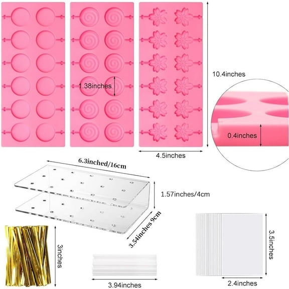 304 Pieces Diy Silicone Lollipop Molds Kit Includes 3 Mold 1 Acrylic Cake Stand 100 Lollipop Sticks 100 Candy Treat Bags 100 Ties Candy Sucker Mold Chocolate Biscuit Baking Tool Perfect For Cake Stick