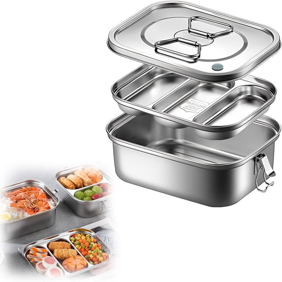 304 Stainless Lunch Box With Double Layer Dividers Leak Proof And Lock Large Capacity ContainerforWork Or Travel Silver, Medium Double Layer Stainless Lunch Box, Leakproof Locking Food Container
