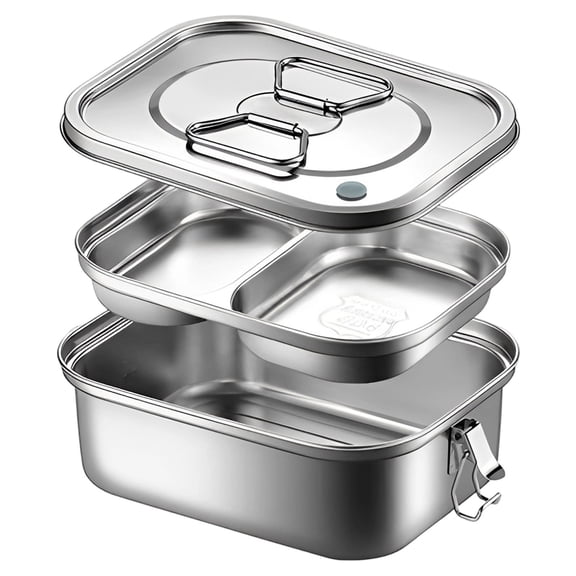 304 Stainless Lunch Box With Double Layer Dividers Leak Proof And Lock Large Capacity Container For Work Or Travel Silver