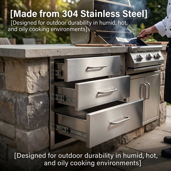 304 Stainless Steel 3-Drawer Storage Cabinet, 18x23x23in, Soundless Glide Slides Rustproof Heat Resistant for Outdoor BBQ Kitchen, Patio and Backyard