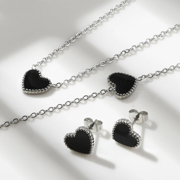 304 Stainless Steel 3 set 304 Stainless Steel Jewelry sets Pendant Necklaces & Stud Earrings & Bracelets with Enamel Heart Stainless Steel color 16.93 inch(43cm) 7-1/8 inch(18cm) 9x10x2mm Pin: 0.8mm