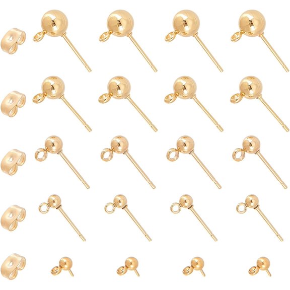 304 Stainless Steel 30pcs Ball Post Earring Stud 5 Sizes Golden Ball Ear Pin Stainless Steel Ball Post Earrings with Butterfly Ear Back Earrings with Loop