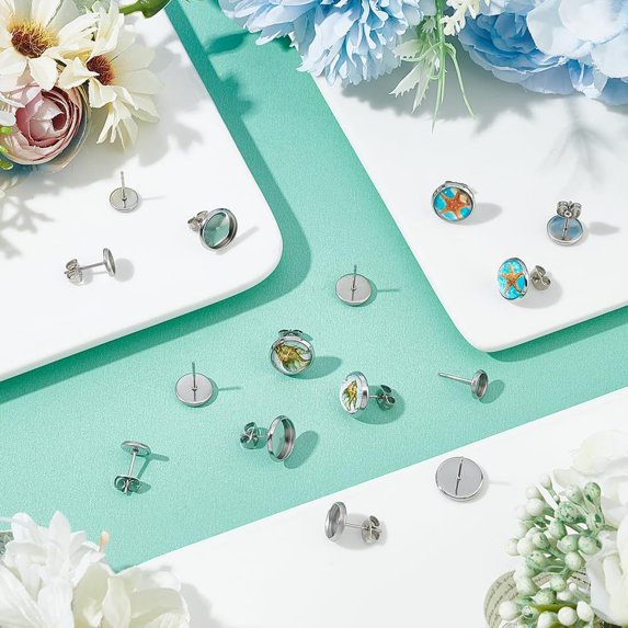 304 Stainless Steel 38sets 3 Sizes 6/8/10mm Tray Earring Bezel 304 Stainless Steel Stud Earring Setting 0.6mm Pin Earring Blank Bezel Tray for Jewelry Making Stainless Steel Color