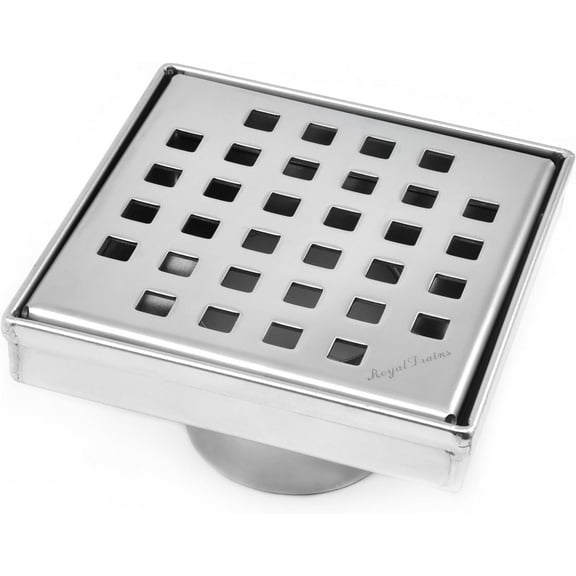 304 Stainless Steel 4 Inch Square Polished Chrome Shower Drain Kit for Tile Floor Drain Grate Cover Hair Catcher Trap Strainer Filter (Polished Chrome, Traditional Square Design)