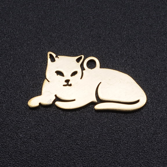 304 Stainless Steel 5 pc 304 Stainless Steel Kitten Pendants Lying Down Cat Shape Golden 9.5x19x1mm Hole: 1.2mm