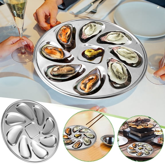 304 Stainless Steel 8-Slot Oyster Serving Plate, Round Seafood Platter Dish with Center Sauce Divider, Oven & Dishwasher Safe Shellfish Tray