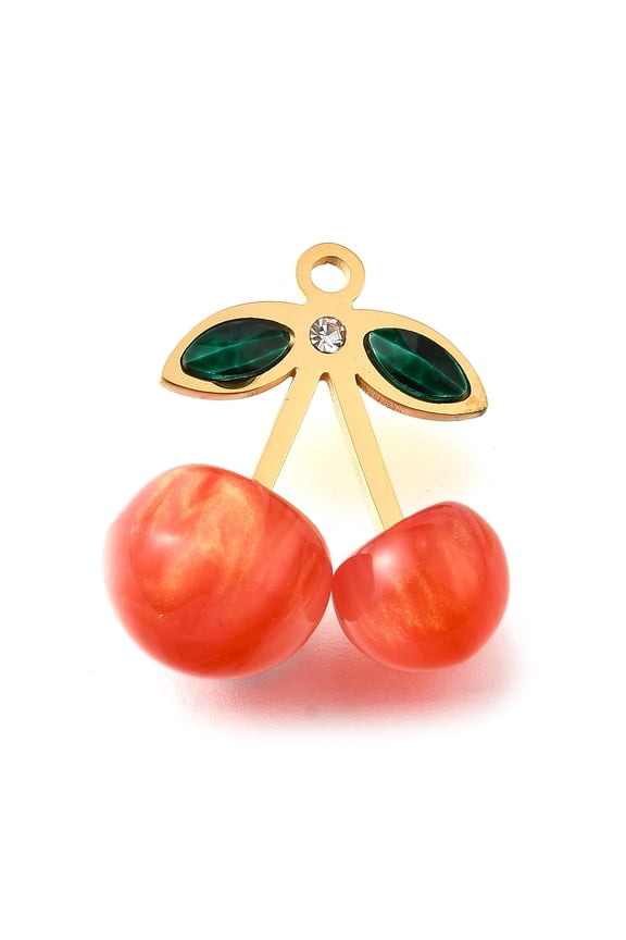 304 Stainless Steel Acrylic Pendants Cherry Charms with Rhinestone PVD Vacuum Plating Orange Red 23.5x21.5x12mm Hole: 1.8mm DIY