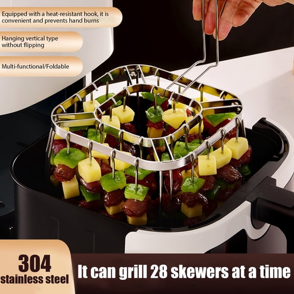304 Stainless Steel Air Fryer Skewer Rack, Square 28-Slot Barbecue Skewer Holder, Universal Oven Roasting Stand for Meat & Veggie Kabobs