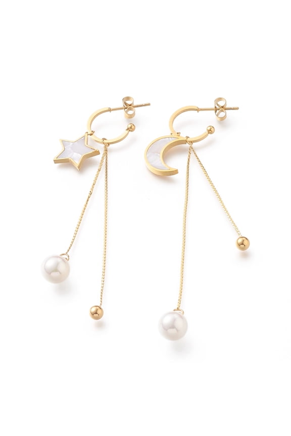 304 Stainless Steel Asymmetrical Earrings Half Hoop Earrings with Natural White Shell Plastic Imitation Pearl Beads and Ear Nuts Star & Moon Golden 78.5~87mm Pin: 0.8mm