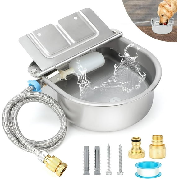 304 Stainless Steel Automatic Dog Water Bowl Dispenser with Float Valves Drainage, Large Auto Fill Dog Water Bowl for Outdoor Big Dog Livestock Poultry Horse Cow Goat Pig Chicken Duck
