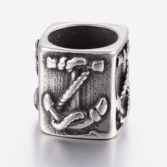 304 Stainless Steel Beads Large Hole Beads Cube with Anchor Silver 11x12x13mm Hole: 8.5mm