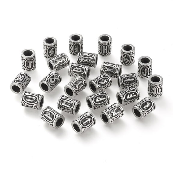 304 Stainless Steel Beads Viking Runes Beads for Hair Beards Dreadlocks Hair Braiding Column with Rune/Futhark/Futhorc Antique Silver 13.5x10mm Hole: 6mm