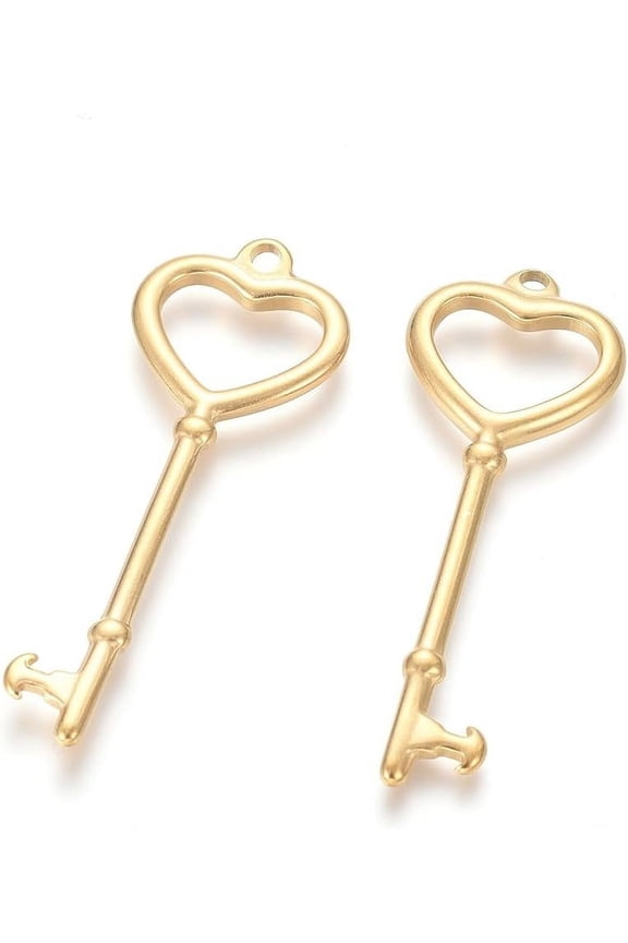 304 Stainless Steel Big Pendants Key with Heart Golden 50x18x2mm Hole: 2.5mm Creation