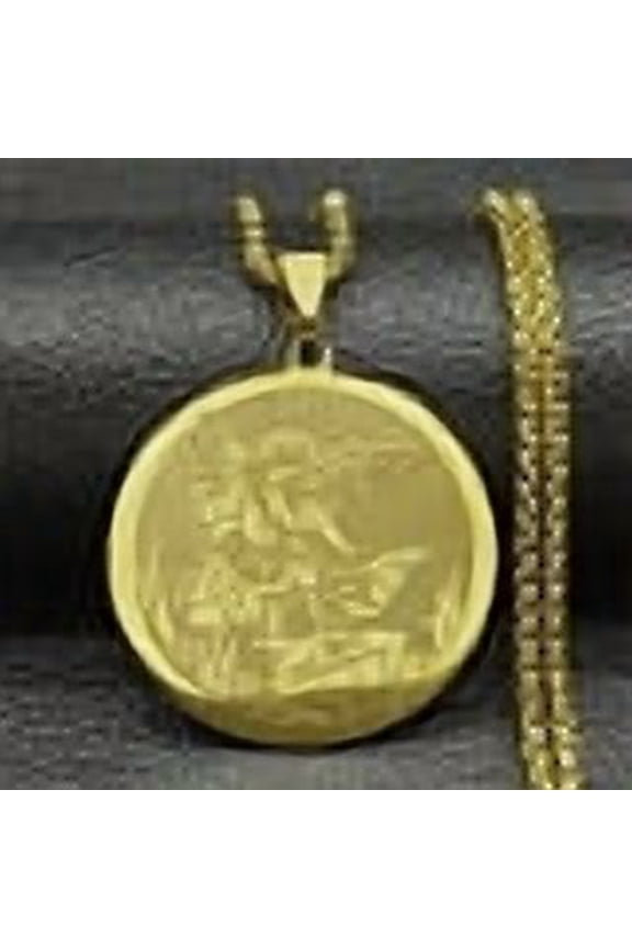 304 Stainless Steel Box Chain Archangel Saint Michael Flat Round Pendant Necklaces Golden 23.35 inch(59.3cm)