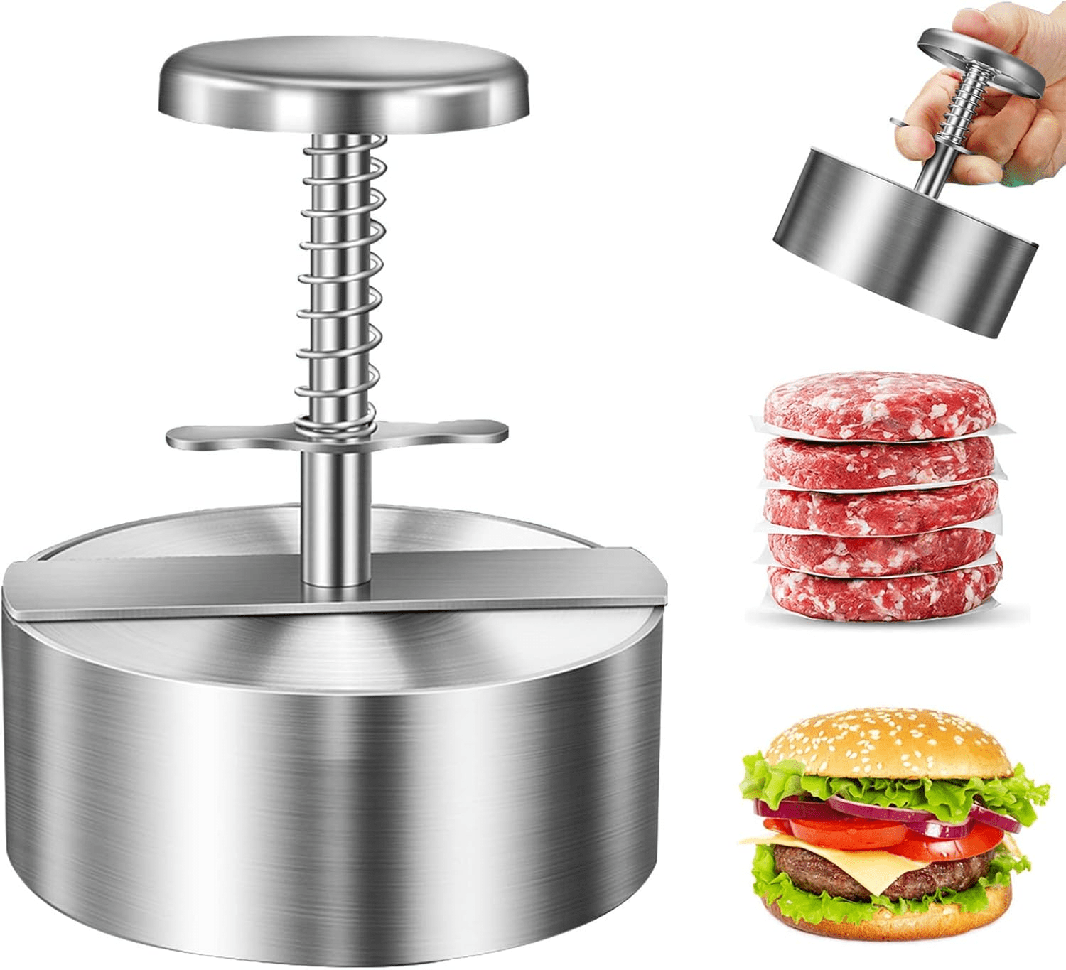 304 Stainless Steel Burger Press - Adjustable 4.5" Hamburger Patty Maker, Heavy Duty Stainless Steel Burger Press for Ground Beef, Burgers (Dishwasher Safe & Rustproof)