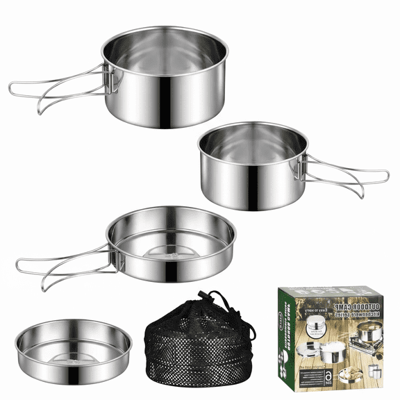 304 Stainless Steel Camping Cookware Set, 4-Piece Nesting Mess Kit with Foldable Handles and Mesh Storage Bag for Backpacking and Hiking, Silver