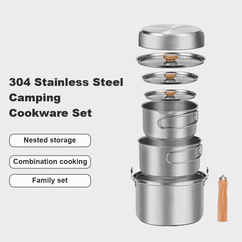 4-Piece Stainless Steel Camping Mess Kits, Pots and Pans for Campfire Cooking, Including Travel Tote Bag, Suitable for 4 to 6 People